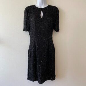 Vintage Laurence Kazar Black Silk Beaded Short Sleeve Dress Womens Petite Small